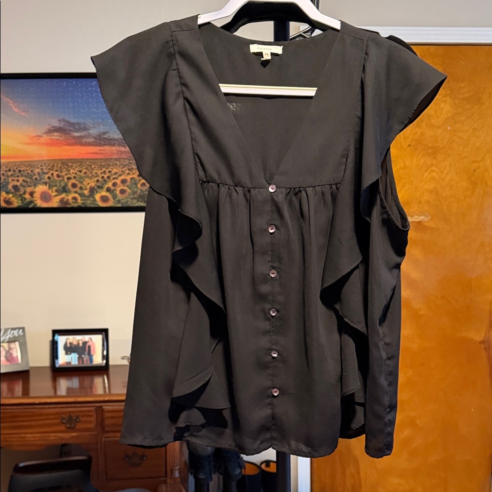 Maurices Black Flutter Sleeve Ruffle Button Blouse